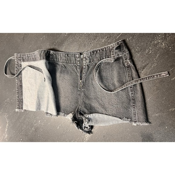 Altar'd State Black Denim Wrap Mini Skorts Sz S Acid Wash Raw Hem Tie Waist - Picture 6 of 8